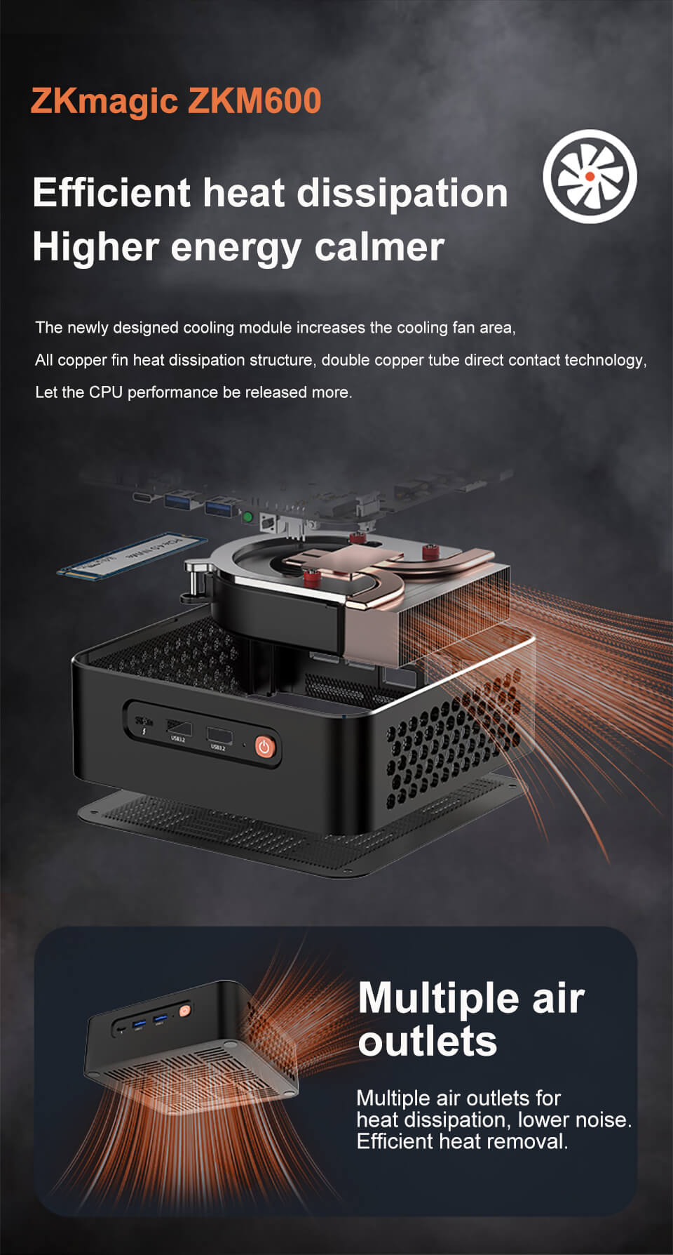 Efficient Cooling - Full Copper Heatsink and Dual Heatpipes