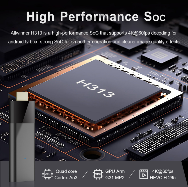 Allwinner H313 SoC Powers Android TV Stick - Quad-core, Supports 4K@60fps HEVC Decoding