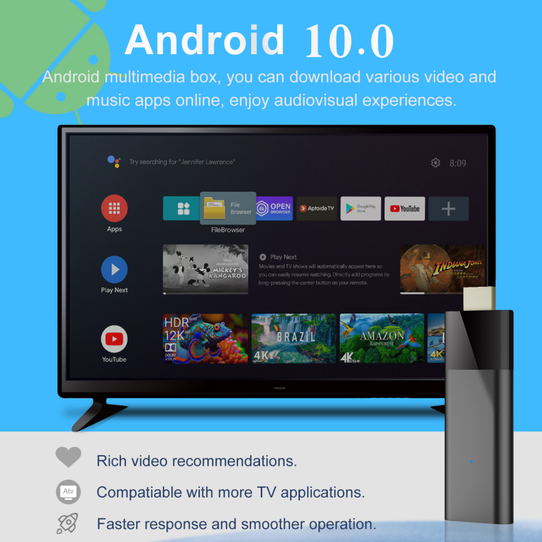 Android 10.0 TV Stick - Download Apps and Enjoy Abundant Video and Music Content